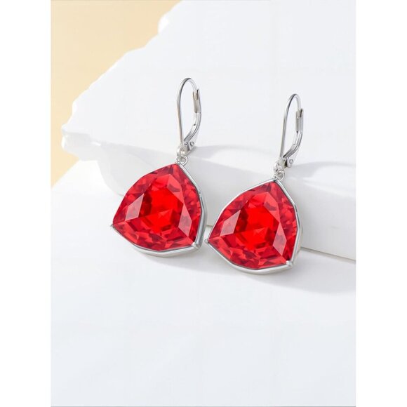 Sterling Silver Ruby Simple Geometric Birthstone Dangle Drop Earring Jewelry - Picture 4 of 5